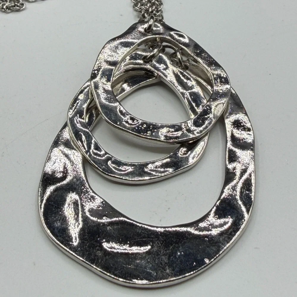 Silver Tone Hammered Triple Oval Pendant Necklace Multi Strand Boho Statement